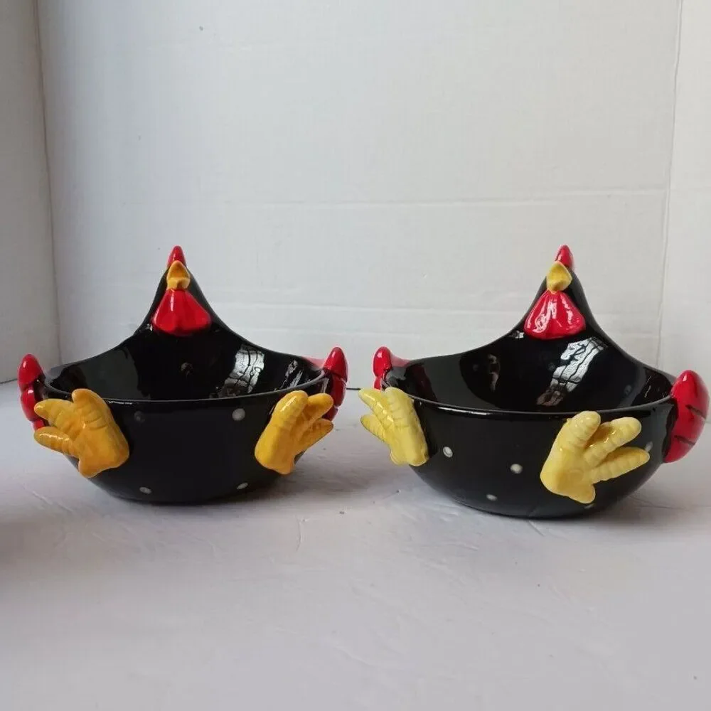 Rooster  2pcs Ceramic Trinket Dish Black White Polka Dots
